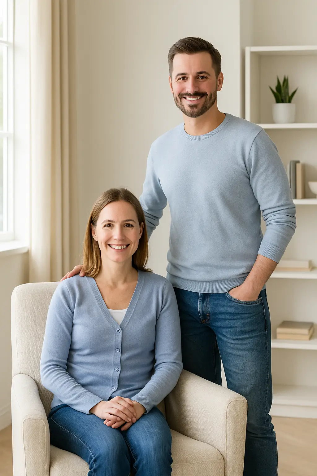 Happy couple after chair upholstery cleaning Happy couple after chair upholstery cleaning