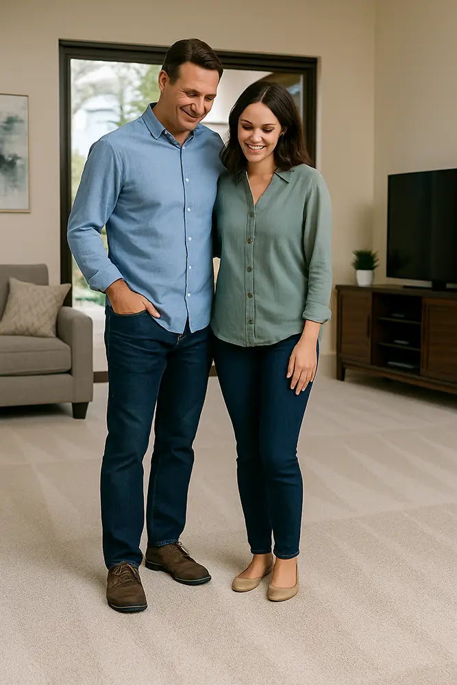 Happy couple looking at clean carpet w Happy couple looking at clean carpet