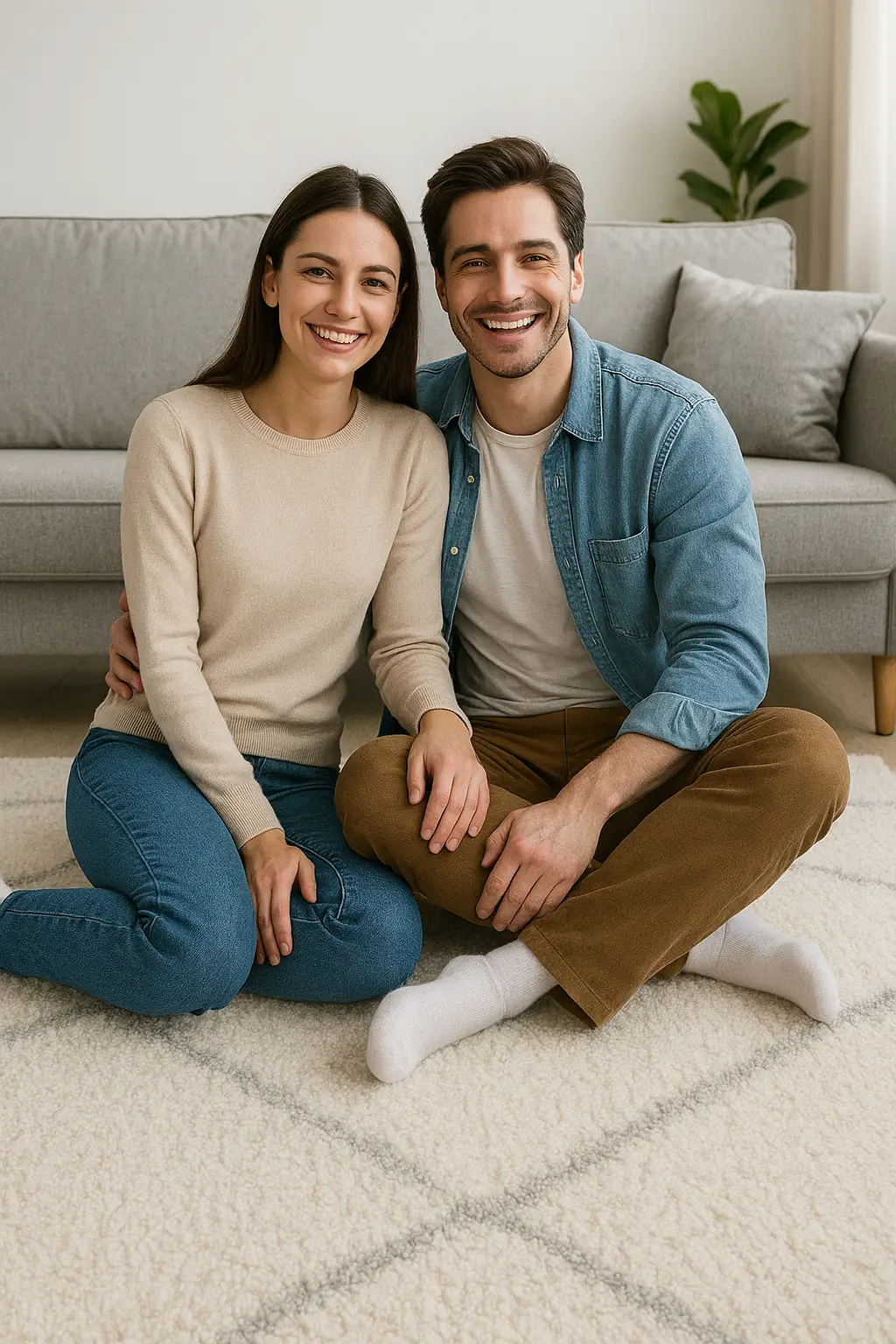 Happy couple on their clean area rug Happy couple on their clean area rug
